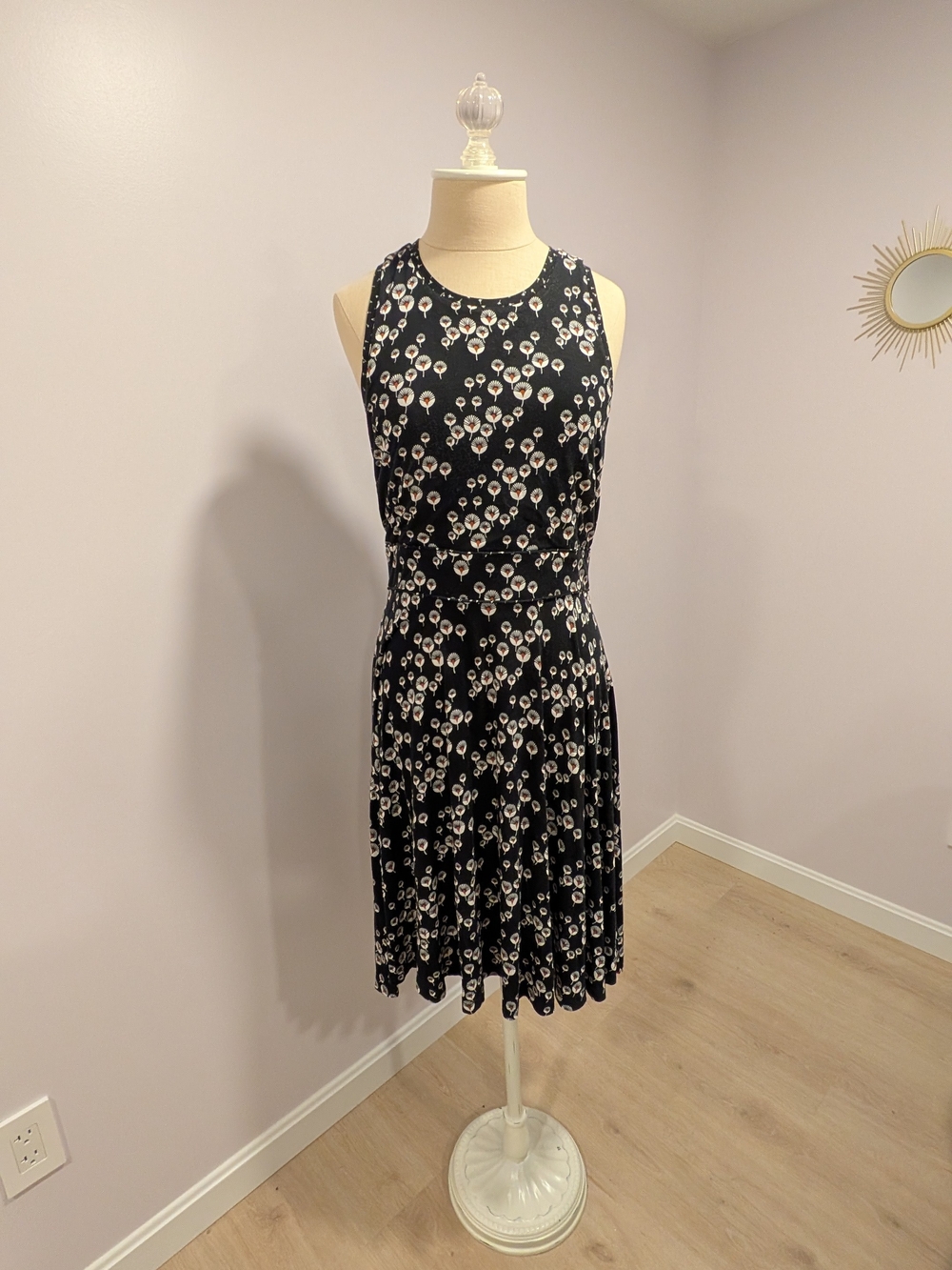 LOFT Black Floral Sleeveless A-Line Midi Dress | Dandelion Print, Indie Hipster